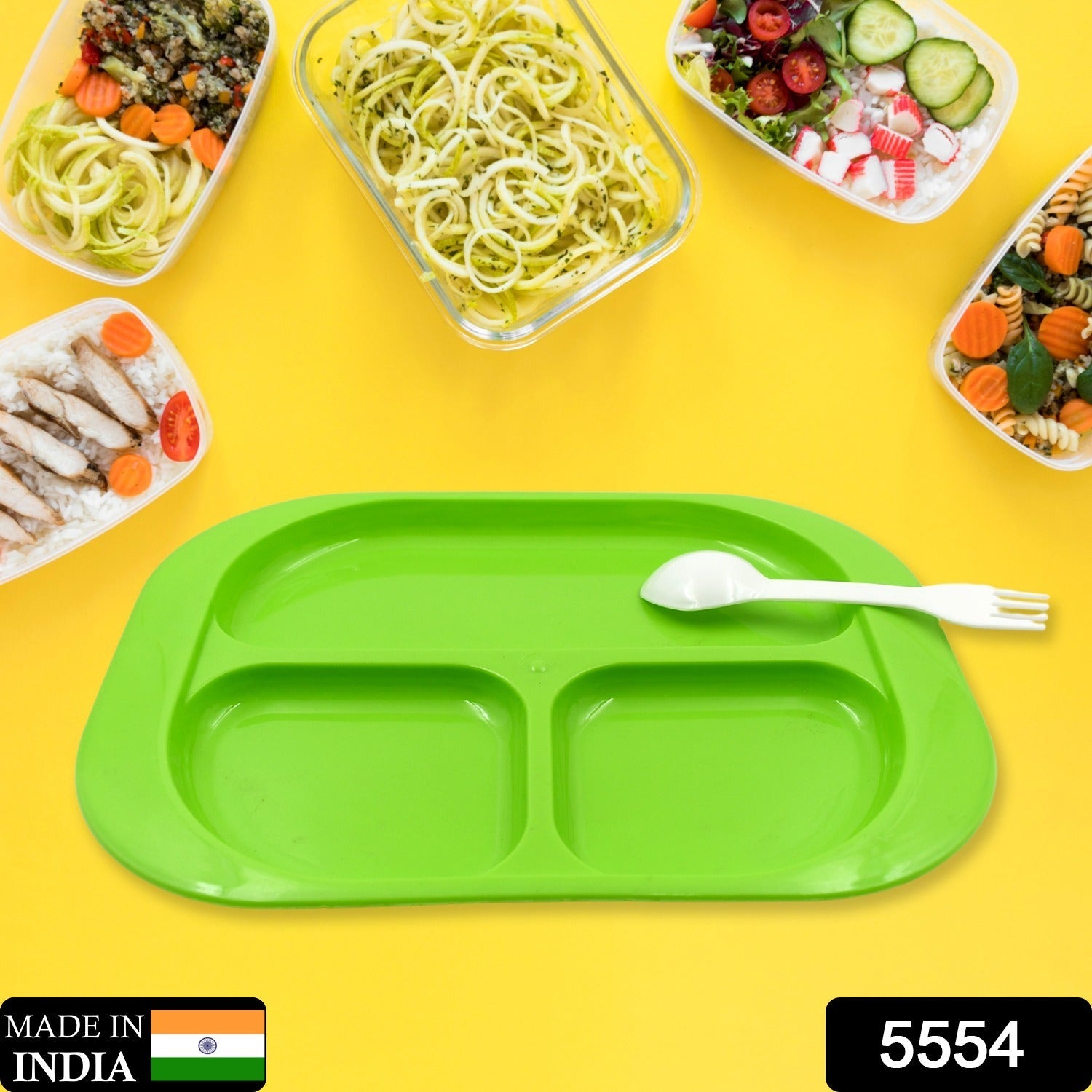 5554 Plastic Food Plates / Biodegradable 3 Compartment Square Plate With Spoon for Food Snacks / Nuts / Desserts Plates for Kids, Reusable Plates for Outdoor, Camping, BPA-free (1 Pc) 5554 Plastic Food Plates / Biodegradable 3 Compartment Square Plate With Spoon for Food Snacks / Nuts / Desserts Plates for Kids, Reusable Plates for Outdoor, Camping, BPA-free (1 Pc)